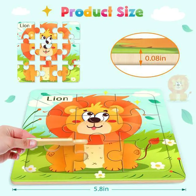 Alt view image 2 of 7 - Zeoddler Wooden Puzzles for Toddlers, 8 Pack Animal Jigsaw Puzzles for Kids3-5, 9 Pieces Preschool Learning Activities, Learning & Educational Toys, Gift for Boys, Girls