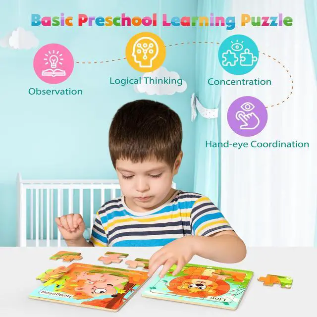 Alt view image 5 of 7 - Zeoddler Wooden Puzzles for Toddlers, 8 Pack Animal Jigsaw Puzzles for Kids3-5, 9 Pieces Preschool Learning Activities, Learning & Educational Toys, Gift for Boys, Girls