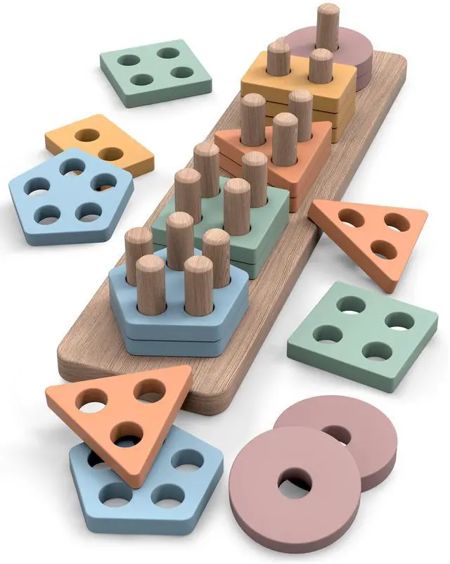 Main image of GOPO TOYS Montessori Toys for 1+ Year Old Wooden Shape Sorter & Stacking Puzzle Toddler Learning, Fine Motor Skills & Developmental Toy for Boys & Girls