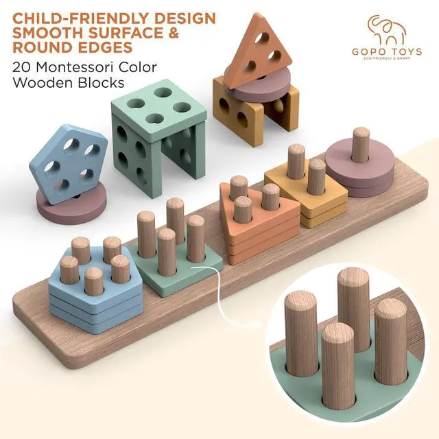 Alt view image 2 of 7 - GOPO TOYS Montessori Toys for 1+ Year Old Wooden Shape Sorter & Stacking Puzzle Toddler Learning, Fine Motor Skills & Developmental Toy for Boys & Girls