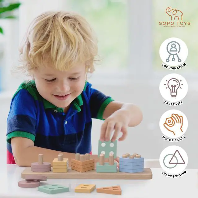 Alt view image 3 of 7 - GOPO TOYS Montessori Toys for 1+ Year Old Wooden Shape Sorter & Stacking Puzzle Toddler Learning, Fine Motor Skills & Developmental Toy for Boys & Girls