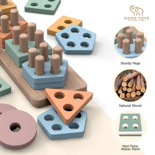Alt view image 4 of 7 - GOPO TOYS Montessori Toys for 1+ Year Old Wooden Shape Sorter & Stacking Puzzle Toddler Learning, Fine Motor Skills & Developmental Toy for Boys & Girls