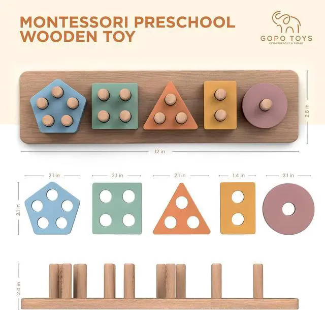 Alt view image 6 of 7 - GOPO TOYS Montessori Toys for 1+ Year Old Wooden Shape Sorter & Stacking Puzzle Toddler Learning, Fine Motor Skills & Developmental Toy for Boys & Girls