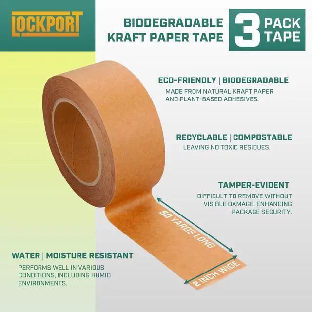 Alt view image 4 of 7 - Lockport Eco Friendly Brown Packing Tape, 2 Inch x 50 Yards, 3 Rolls of Brown Kraft Paper Tape with Strong Adhesion for Moving Boxes, Shipping & Packaging, Biodegradable Waterproof Heavy Duty