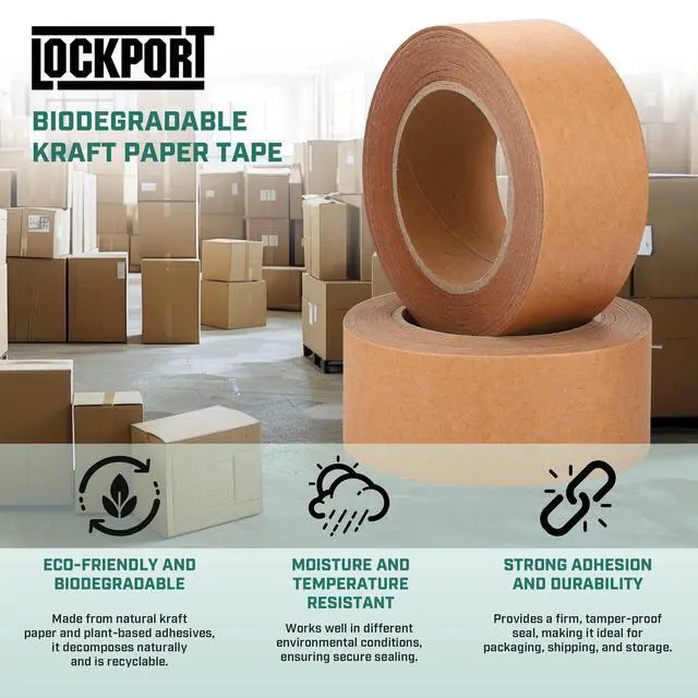 Alt view image 7 of 7 - Lockport Eco Friendly Brown Packing Tape, 2 Inch x 50 Yards, 3 Rolls of Brown Kraft Paper Tape with Strong Adhesion for Moving Boxes, Shipping & Packaging, Biodegradable Waterproof Heavy Duty