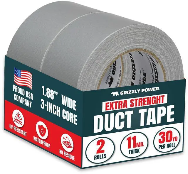 Main image of Grizzly Power Silver Duct Tape Heavy Duty (2 Pack) | Versatile Packing Tape 1.88 Inch x 30 Yards | Waterproof Tape Roll for Home Improvement, Office Use, Wrapping, Sealing, Crafting & General Repairs