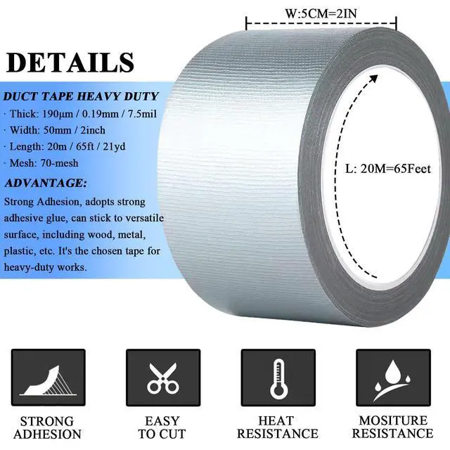 Alt view image 2 of 7 - 2 Pack Duct Tape Heavy Duty, Waterproof, Heat Resistant, Strong Adhesive Packaging Tape for HVAC, Home Improvement, Outdoor, Packing Boxes, Pipe Insulation, Window Sealing (21 Yards x 2 Inch)