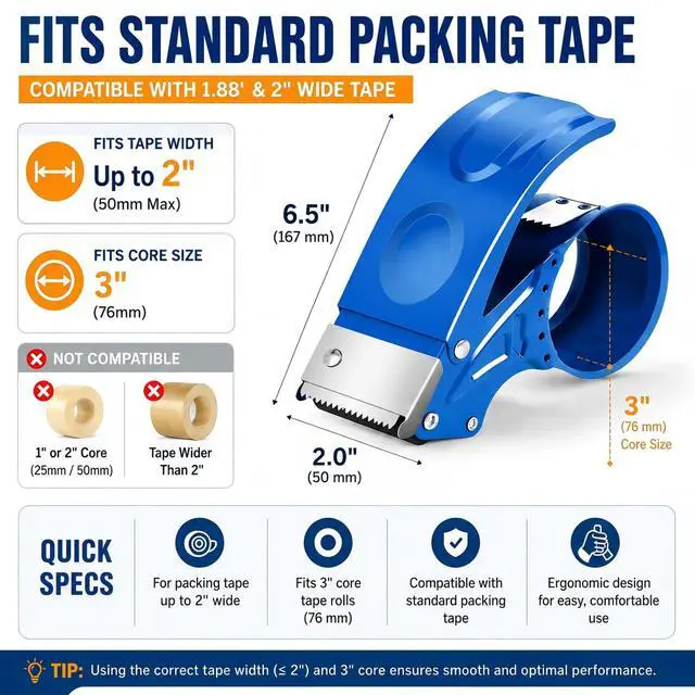 Alt view image 2 of 7 - 2 Pack Heavy Duty Packing Tape Dispenser Gun, Fits Tape up to 2 Inches Wide | 2 inch Packing Tape Dispenser with 3-Inch Core, Adjustable Brake Tape Gun for Shipping, Moving, Office & Warehouse