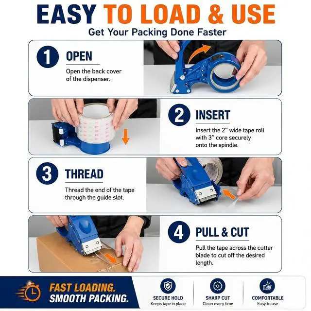 Alt view image 6 of 7 - 2 Pack Heavy Duty Packing Tape Dispenser Gun, Fits Tape up to 2 Inches Wide | 2 inch Packing Tape Dispenser with 3-Inch Core, Adjustable Brake Tape Gun for Shipping, Moving, Office & Warehouse