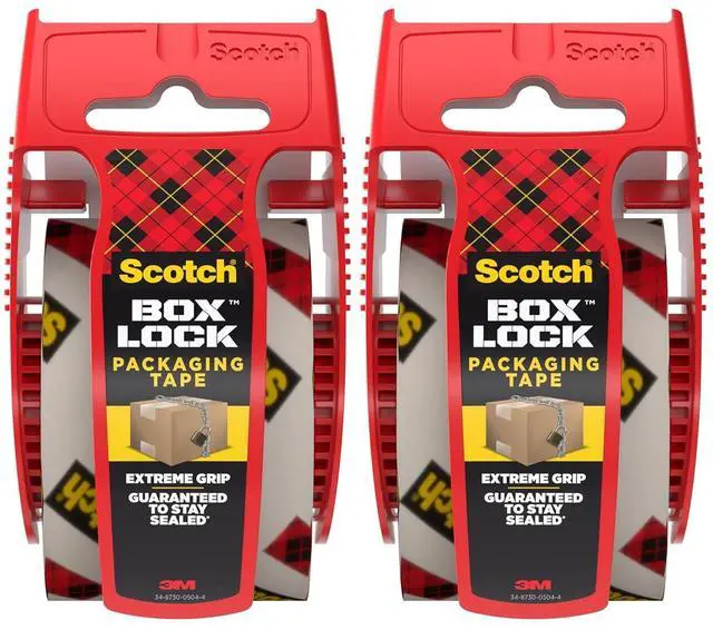 Main image of Scotch Box Lock Packaging Tape with Dispenser, 1.88 inch x 800 inch (22.2 yd), 2 Rolls, Clear Heavy Duty Packing/Shipping Tape, Extreme Grip Sticks Instantly to Any Box for Secure Seal