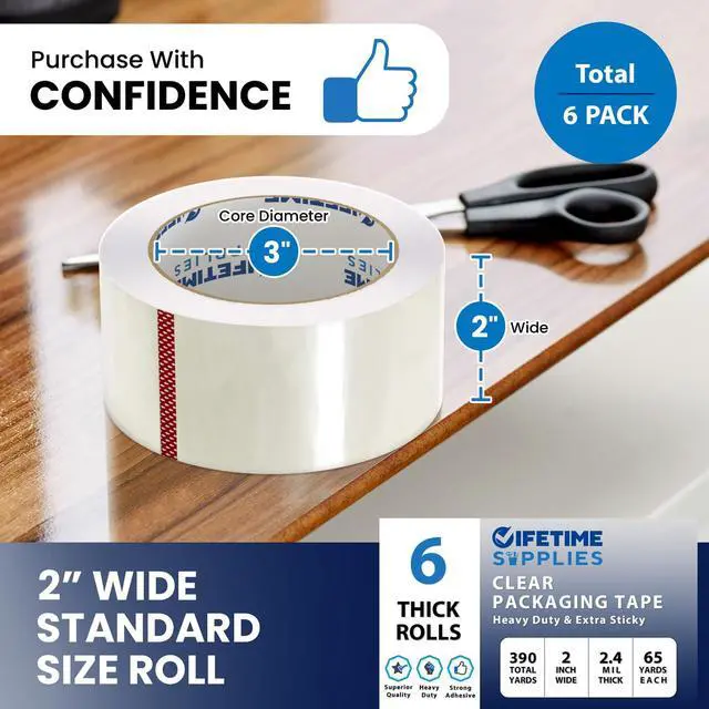 Alt view image 4 of 6 - Lifetime Supplies 6 Rolls | 2.4 mil Clear | 65 Yards Each (390 Yards Total) | 2" Premium Packing Tape Heavy Duty Packaging Tape for Shipping Moving Stronger Thicker