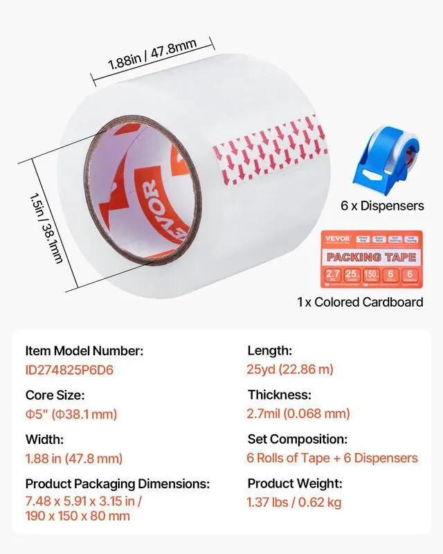 Alt view image 7 of 7 - VEVOR Clear Packing, 1.5 inches Core, 6 Rolls 1.88 Inches x 25 Yards Packing Tape with Dispenser, 2.7 Mil Heavy Duty Packaging Tape Designed for Moving, Storage and Packing, Shipping and Mailing