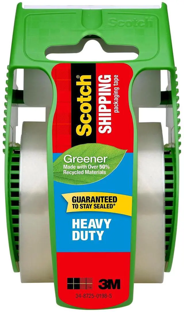 Main image of Scotch Heavy Duty Greener Shipping Packaging Tape, 1 Roll with Dispenser, 1.88"ch x 700 inch, 1.5" Core, Great for Packing, Shipping & Moving, Clear (142G)