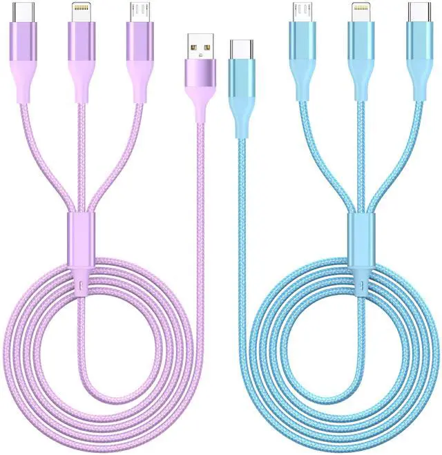 Main image of 3 in 1 Multi Charging Cable for Multiple Devices Fast Charge cord 2Pack 4FT | ,MFI Certified Universal Phone Charger with Type C/Micro USB/IP for iPhone17-5 iPad Android Purple/Blue