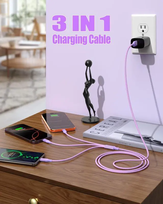 Alt view image 3 of 6 - 3 in 1 Multi Charging Cable for Multiple Devices Fast Charge cord 2Pack 4FT | ,MFI Certified Universal Phone Charger with Type C/Micro USB/IP for iPhone17-5 iPad Android Purple/Blue