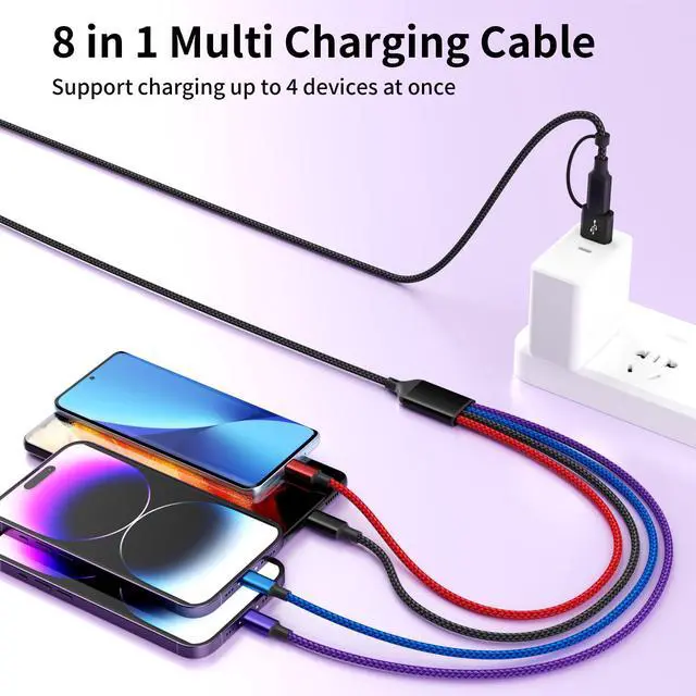 Alt view image 5 of 7 - 4 in 2 Multi Charging Cable, Dual IP Charging Cord with Type-C & Micro | USB A/C Input Multi Charging Cable with IP/IP, Type-C & Micro Ports, Nylon Braided Phone Charger for Travel & Car