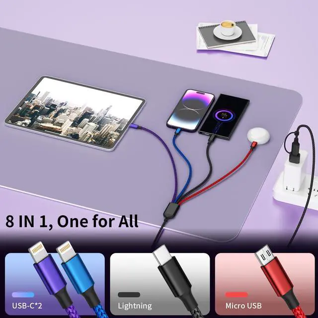 Alt view image 3 of 7 - 4 in 2 Multi Charging Cable, Dual IP Charging Cord with Type-C & Micro | USB A/C Input Multi Charging Cable with IP/IP, Type-C & Micro Ports, Nylon Braided Phone Charger for Travel & Car