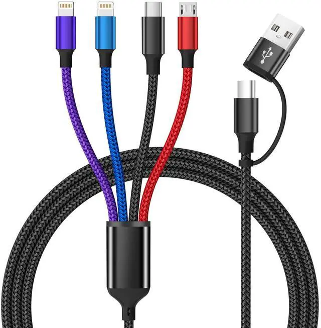 Main image of 4 in 2 Multi Charging Cable, Dual IP Charging Cord with Type-C & Micro | USB A/C Input Multi Charging Cable with IP/IP, Type-C & Micro Ports, Nylon Braided Phone Charger for Travel & Car