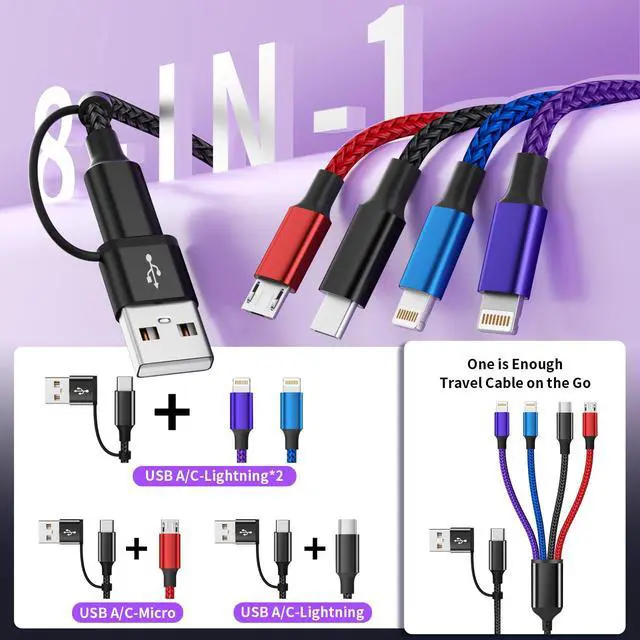 Alt view image 2 of 7 - 4 in 2 Multi Charging Cable, Dual IP Charging Cord with Type-C & Micro | USB A/C Input Multi Charging Cable with IP/IP, Type-C & Micro Ports, Nylon Braided Phone Charger for Travel & Car