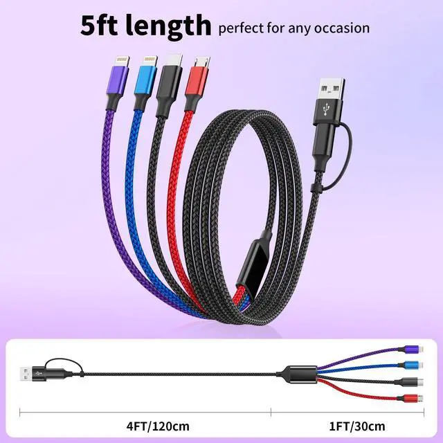 Alt view image 6 of 7 - 4 in 2 Multi Charging Cable, Dual IP Charging Cord with Type-C & Micro | USB A/C Input Multi Charging Cable with IP/IP, Type-C & Micro Ports, Nylon Braided Phone Charger for Travel & Car