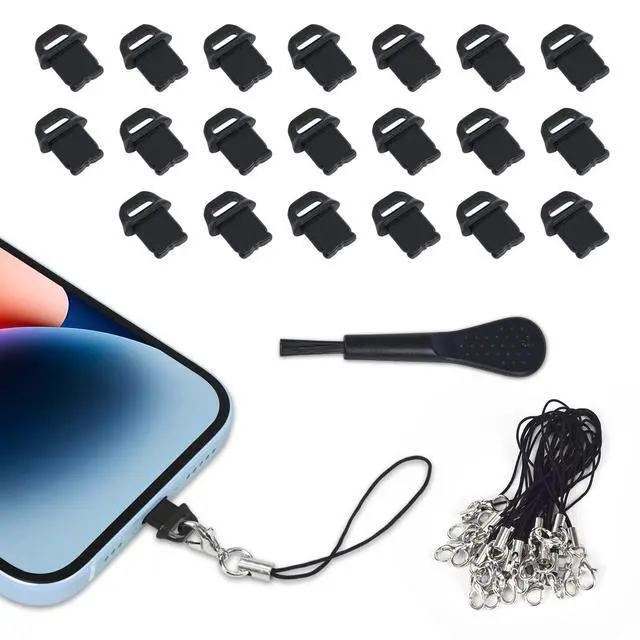 Main image of 20 Pcs Lightning Dust Plugs for iPhone 14 Pro Max/13/12/11 and AirPods, iPhone Port Charger Plug Protector Cover with Cleaning Brush Lanyards, Easy-Grip Tab