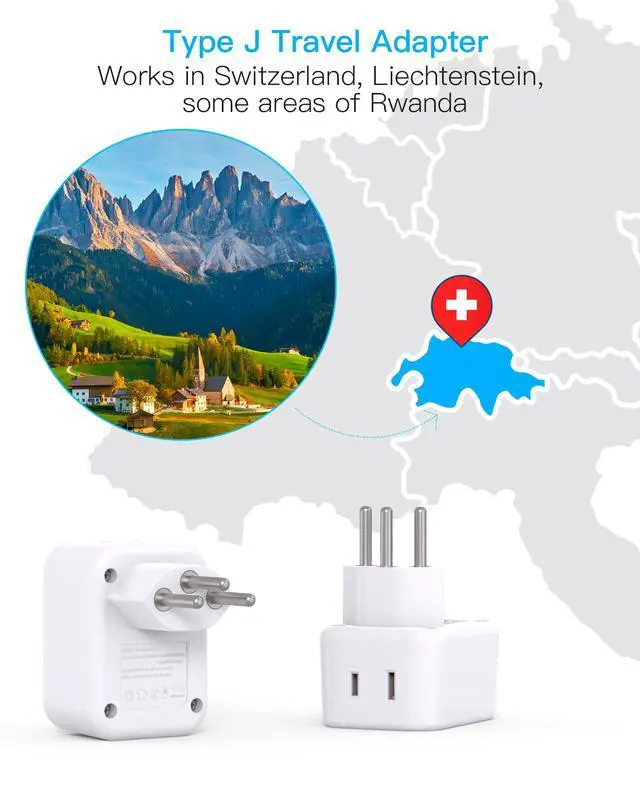 Alt view image 2 of 7 - US to Switzerland Plug Adapter, Type J Swiss Travel Charger Power Adaptor | Switzerland Power Travel Plug Adapter, 2 Outlets 3 USB Ports(2 USB C) for US to Swiss, Liechtenstein, Rwanda