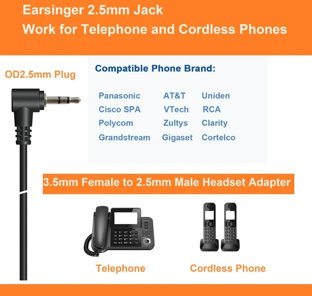 Alt view image 6 of 7 - Earsinger Headset Adapter 2.5mm Male to 3.5mm Femalefor Smartphone Headset Adapter 2.5mm to 3.5(for Panasonic Jack) Cable with Connector Suit for Cordless Phones with 2.5 Headset Jack