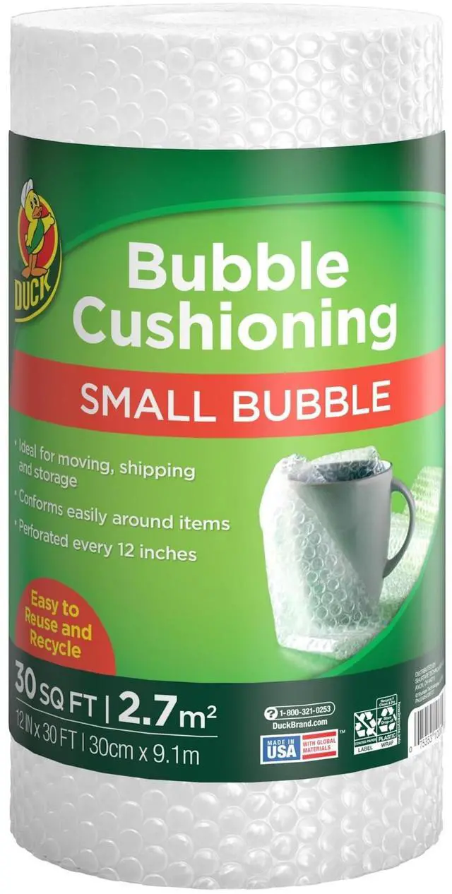 Main image of Duck Brand Small Bubble Cushioning Wrap for Moving & Shipping - 30 FT Bubble Packing Wrap for Extra Protection Packaging Boxes & Mailers - Clear Bubble Roll Moving Supplies, Perforated Every 12 IN