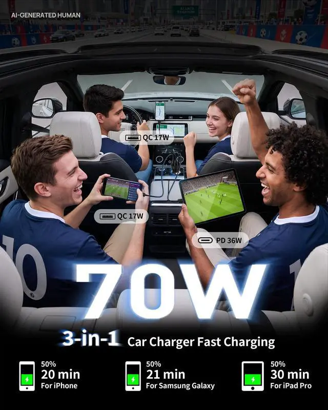 Alt view image 3 of 7 - iPhone 17 16 15 Pro Car Charger, 70W 3-Port Car Charger USB C Fast Charge | Cigarette Lighter Adapter, with 3FT Type C Cable, for iPhone 17/17 Pro Max/Air/17e/16/15 Pro Max/iPad