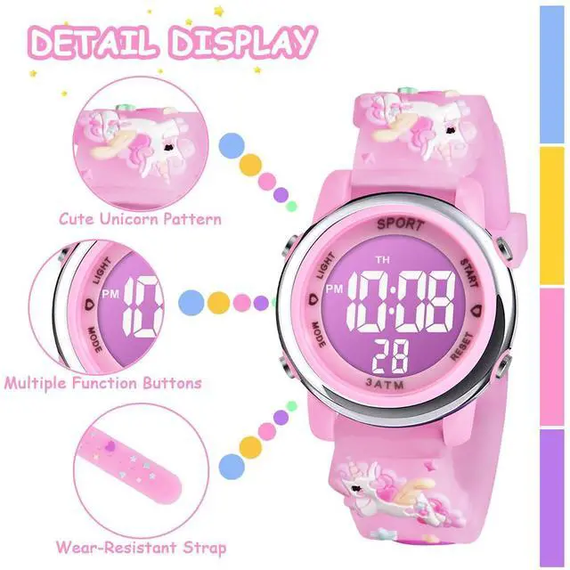 Alt view image 3 of 7 - Vicloon Kids Watch, Toddler Digital Watch, Digital Watch LED Electrical Watches 7 Color Lights Watch Sport Outdoor with Alarm Stopwatch Unicorn Toys Gift for 6-12 Year Girls Children Wristwatch
