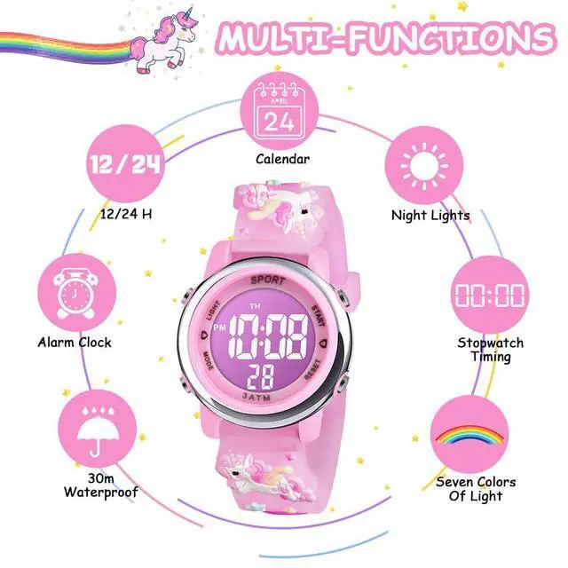 Alt view image 4 of 7 - Vicloon Kids Watch, Toddler Digital Watch, Digital Watch LED Electrical Watches 7 Color Lights Watch Sport Outdoor with Alarm Stopwatch Unicorn Toys Gift for 6-12 Year Girls Children Wristwatch