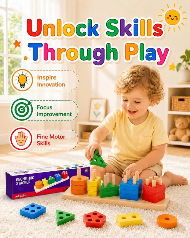 Alt view image 5 of 7 - Toys for 1 2 3 Year Old Boys Girls Toddlers, Wooden Toys Gifts | Sorting Stacking Toys for Toddlers Kids Preschool, Educational Color Recognition Shape Sorter, Learning Puzzles Birthday Gift