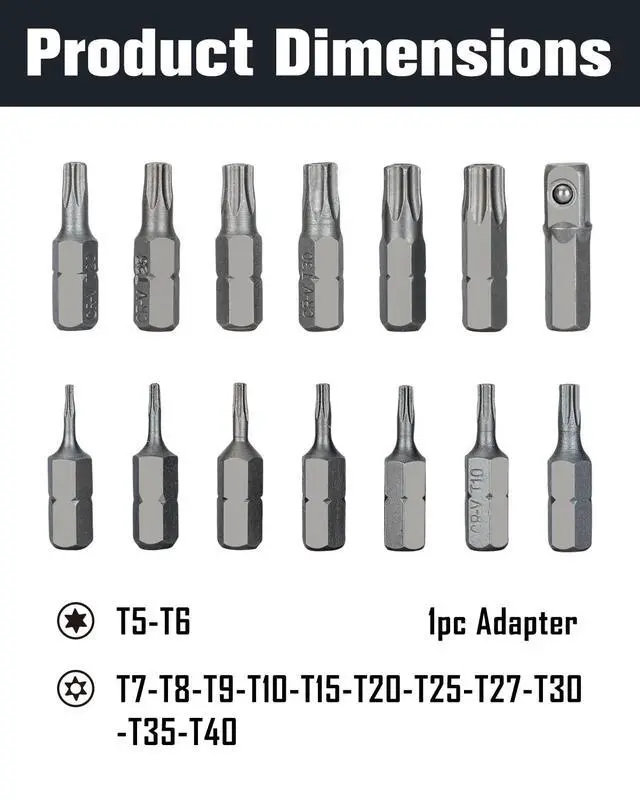 Alt view image 2 of 7 - ROTATION 14-Piece Tamper Resistant Star Bits, Chrome Vanadium Steel, T5 - T40 Impact Grade Security Torx Bit Set, 1/4-inch Hex Shank | Chrome Vanadium Steel, Impact Grade Security Torx Bit Set