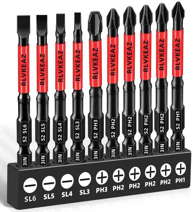Main image of 3-Inch Long Magnetic Screwdriver Bit Set, Phillips Slotted, 10-Pack | #1 #2 #3 Phillips Head Drill Bits, S2 Alloy Steel, CNC Tips, 1/4-Inch Hex Shank for Impact Driver and Power Drill