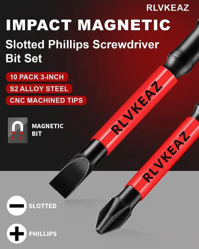 Alt view image 2 of 7 - 3-Inch Long Magnetic Screwdriver Bit Set, Phillips Slotted, 10-Pack | #1 #2 #3 Phillips Head Drill Bits, S2 Alloy Steel, CNC Tips, 1/4-Inch Hex Shank for Impact Driver and Power Drill