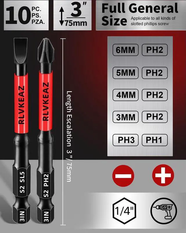 Alt view image 4 of 7 - 3-Inch Long Magnetic Screwdriver Bit Set, Phillips Slotted, 10-Pack | #1 #2 #3 Phillips Head Drill Bits, S2 Alloy Steel, CNC Tips, 1/4-Inch Hex Shank for Impact Driver and Power Drill