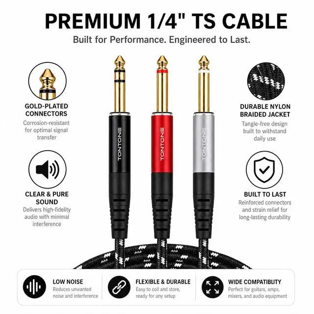 Alt view image 2 of 7 - TONTONE 1/4 Inch TRS to Dual 1/4 Inch TS Stereo Breakout Cable, 6.6FT | Stereo Breakout Routing, Gold-Plated OFC Shielded Cable, Aluminum Shell, For Studio Audio Gear