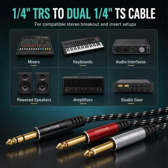 Alt view image 3 of 7 - TONTONE 1/4 Inch TRS to Dual 1/4 Inch TS Stereo Breakout Cable, 6.6FT | Stereo Breakout Routing, Gold-Plated OFC Shielded Cable, Aluminum Shell, For Studio Audio Gear