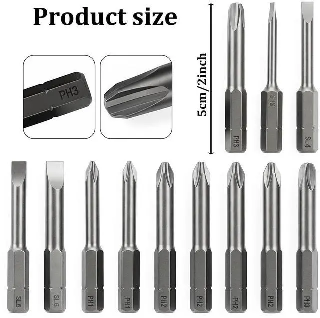 Alt view image 2 of 7 - 12 Pcs Magnetic Screwdriver Bits, S2 Steel Phillips Head Drill Bits 2" Screw Driver Bit Sets for Power Screwdriver Drill Impact Driver (Slotted Phillips)