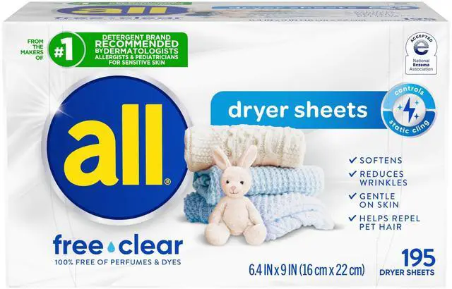 Main image of all free clear Fabric Softener Dryer Sheets for Sensitive Skin, 195 Count | Dye free, dermatologist tested, fragrance free, controls static cling, reduces wrinkles, HE compatible