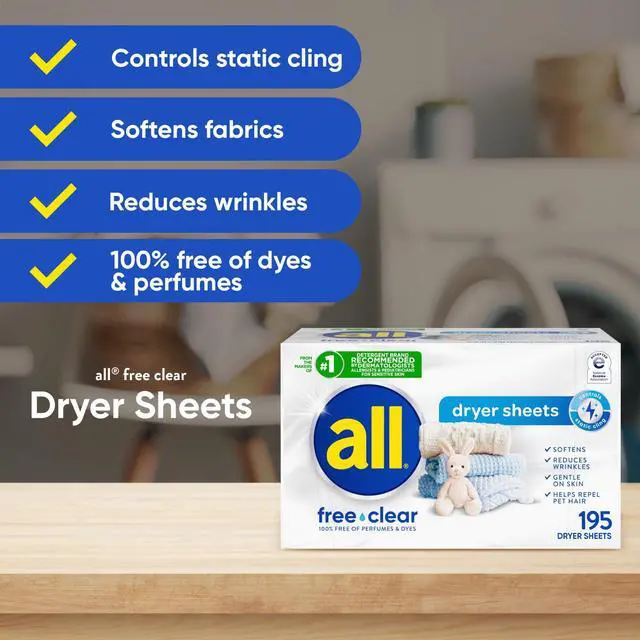 Alt view image 2 of 7 - all free clear Fabric Softener Dryer Sheets for Sensitive Skin, 195 Count | Dye free, dermatologist tested, fragrance free, controls static cling, reduces wrinkles, HE compatible