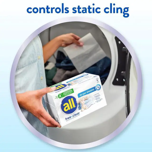Alt view image 3 of 7 - all free clear Fabric Softener Dryer Sheets for Sensitive Skin, 195 Count | Dye free, dermatologist tested, fragrance free, controls static cling, reduces wrinkles, HE compatible