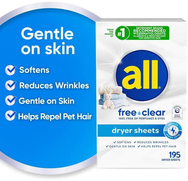 Alt view image 5 of 7 - all free clear Fabric Softener Dryer Sheets for Sensitive Skin, 195 Count | Dye free, dermatologist tested, fragrance free, controls static cling, reduces wrinkles, HE compatible