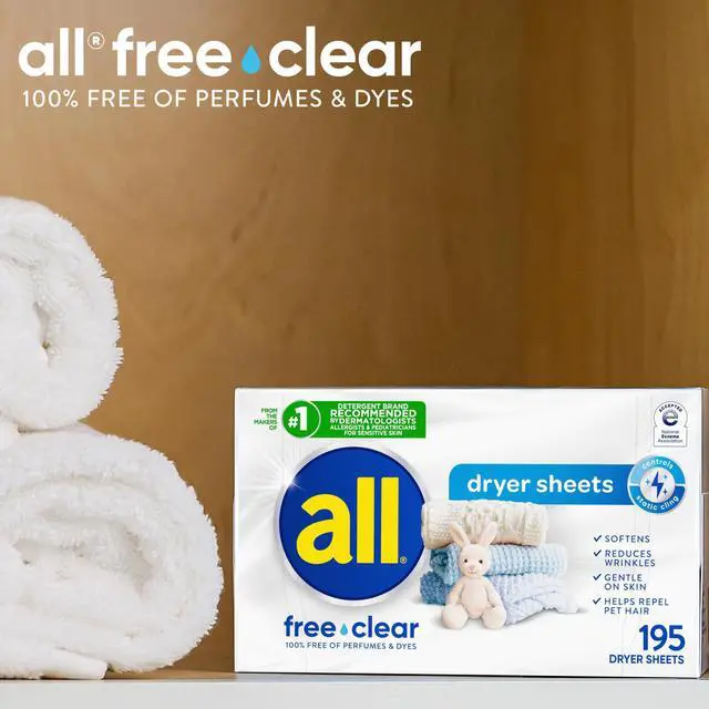 Alt view image 7 of 7 - all free clear Fabric Softener Dryer Sheets for Sensitive Skin, 195 Count | Dye free, dermatologist tested, fragrance free, controls static cling, reduces wrinkles, HE compatible