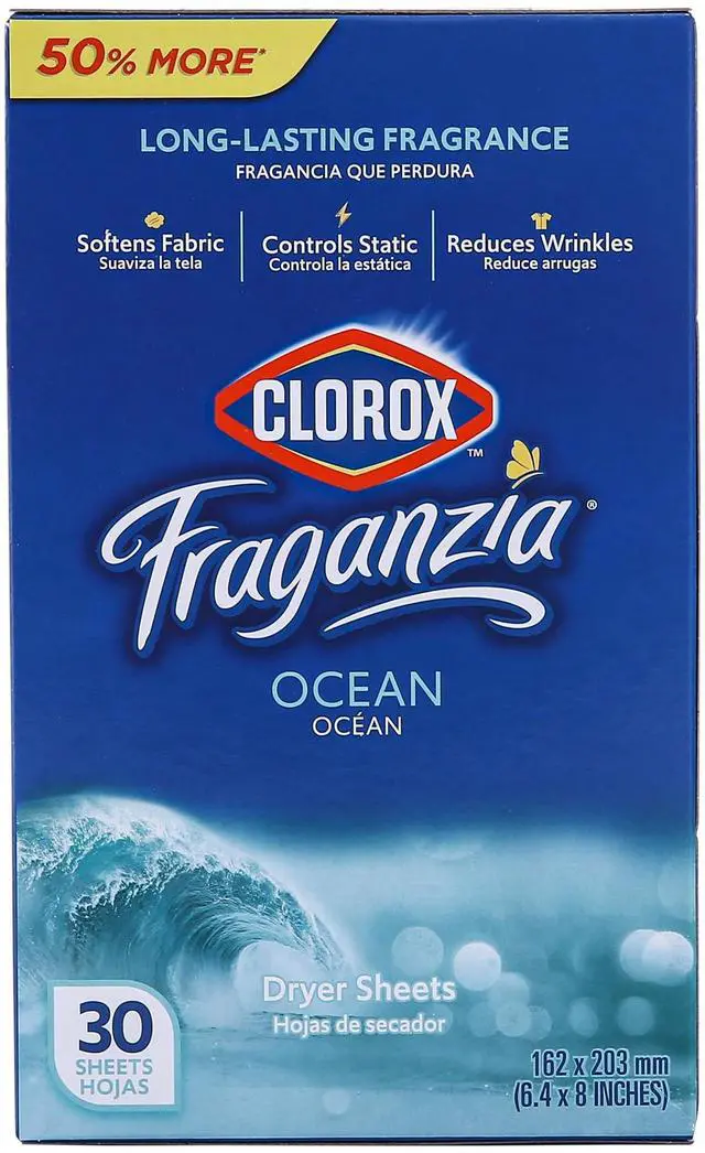 Main image of Clorox Fraganzia Fabric Softener Dryer Sheets, Ocean Scent, 30 Count | Wrinkle-reducing, anti-static formula, softens fabrics, fresh scent, for home, dorm, and laundry use