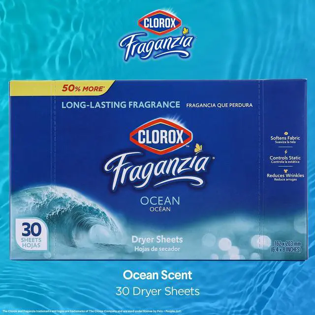 Alt view image 2 of 6 - Clorox Fraganzia Fabric Softener Dryer Sheets, Ocean Scent, 30 Count | Wrinkle-reducing, anti-static formula, softens fabrics, fresh scent, for home, dorm, and laundry use