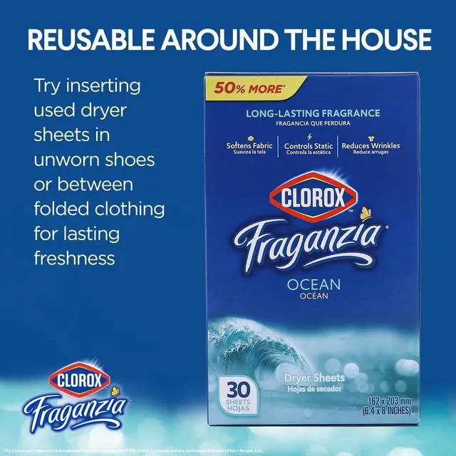 Alt view image 3 of 6 - Clorox Fraganzia Fabric Softener Dryer Sheets, Ocean Scent, 30 Count | Wrinkle-reducing, anti-static formula, softens fabrics, fresh scent, for home, dorm, and laundry use