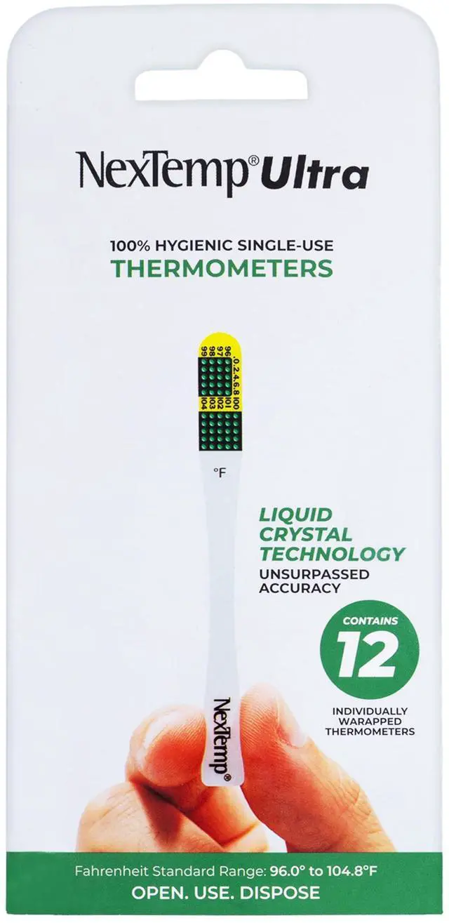 Main image of NexTemp Ultra Disposable Thermometer (12-Pack, Fahrenheit) Oral Thermometer for Adults, Single Use, Battery Free, Hygienic, High Accuracy Readings in 1 Minute, for Home, Clinic & Travel