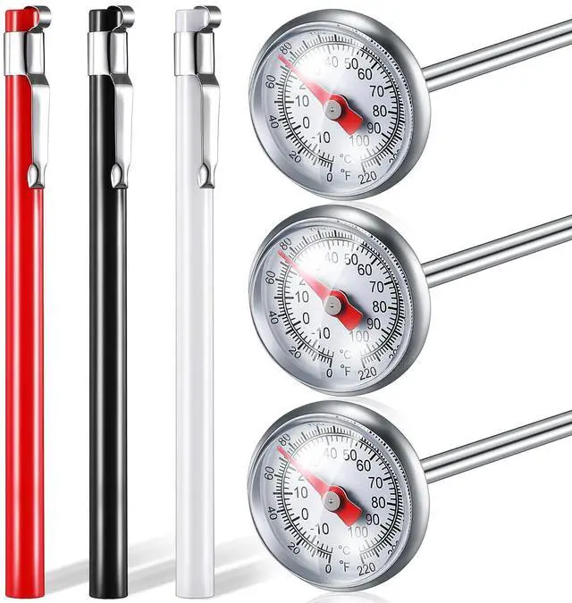 Main image of Xuhal 6 Pcs Stainless Steel Kitchen Dial Thermometer 5",Red,Black,White | Long Probe Instant Read, 1 Inch Dial Fahrenheit Celsius Scale, Pocket Clip Design, For Chefs Meat BBQ Grill Oven Cooking