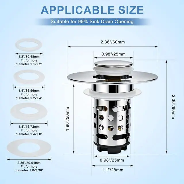 Alt view image 2 of 7 - Upgraded 3 in 1 Bathroom Sink Drain Strainer, Universal Pop Up Stopper with Removable Stainless Steel Filter Basket Hair Catcher, Sink Plug for 1.1''~2.36'' Basin, Polished Chrome (1PC)